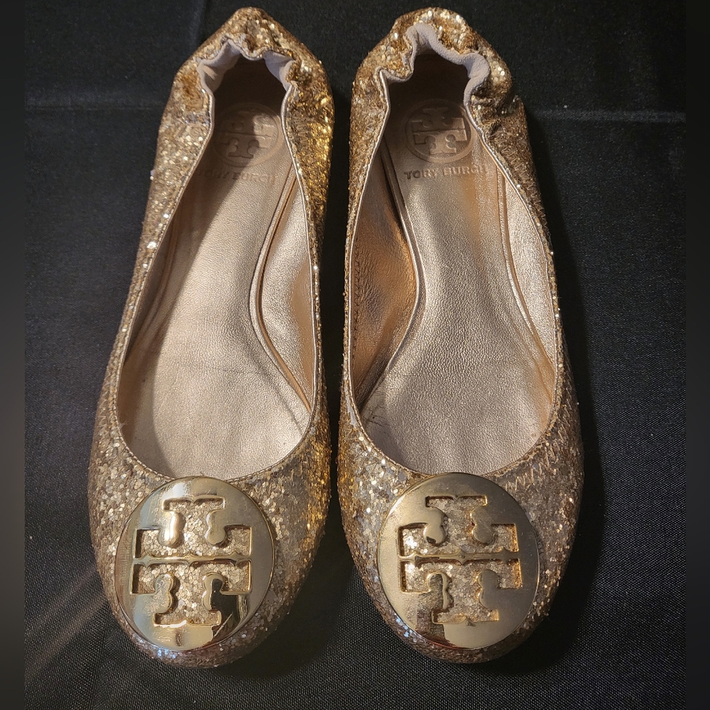 Authentic Tory Burch Gold Glitter Reva Flats 6
